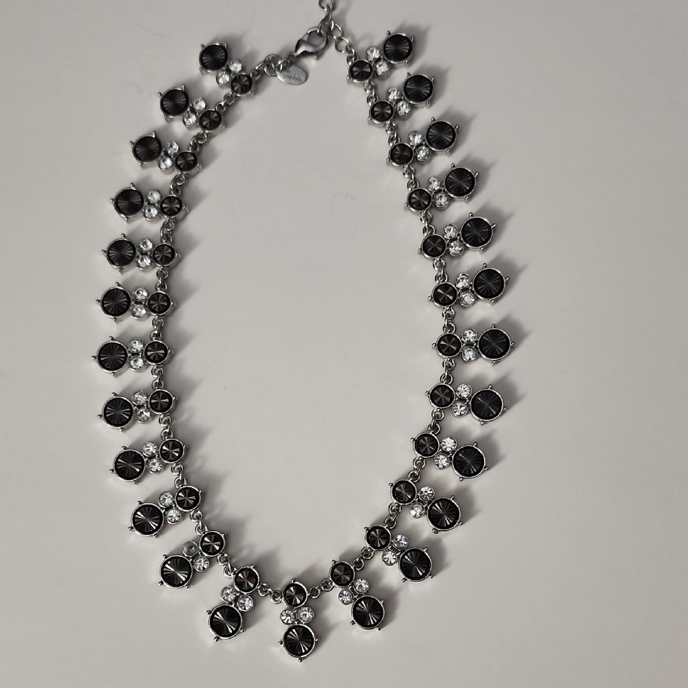 Harlequin Elegant Black and Silver Necklace With Genuine Cut Crystals  16-19"